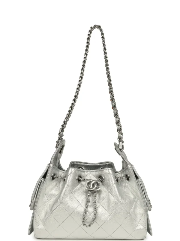 Chanel Mini 25 Metallic Silver Caviar Bucket Bag